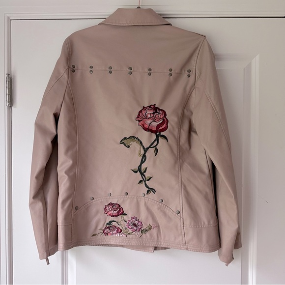 XOXO Embroidered Moto Jacket, Faux Leather, Size Large - Picture 2 of 15